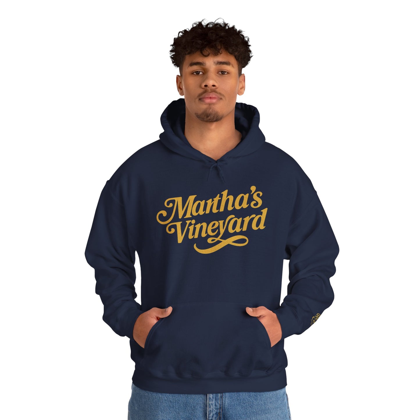 Martha’s Vineyard Hoodie – Unisex Heavy Blend with Cursive Yellow & Black Lettering