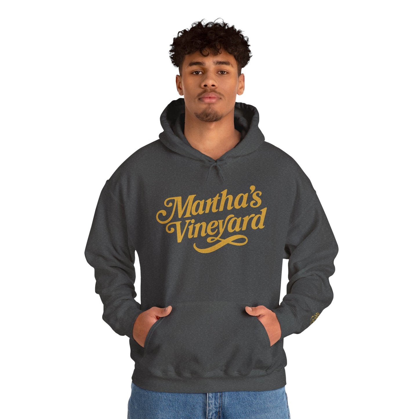 Martha’s Vineyard Hoodie – Unisex Heavy Blend with Cursive Yellow & Black Lettering