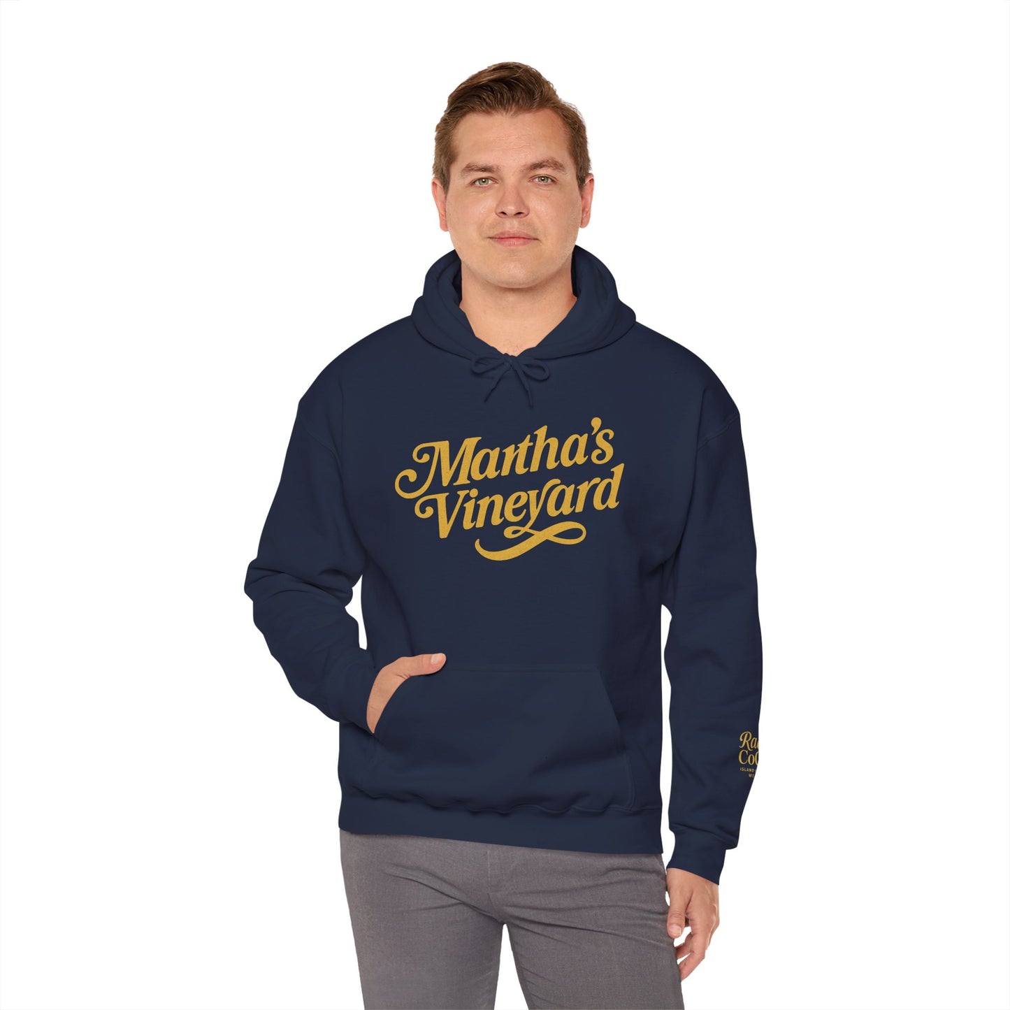 Martha’s Vineyard Hoodie – Unisex Heavy Blend with Cursive Yellow & Black Lettering