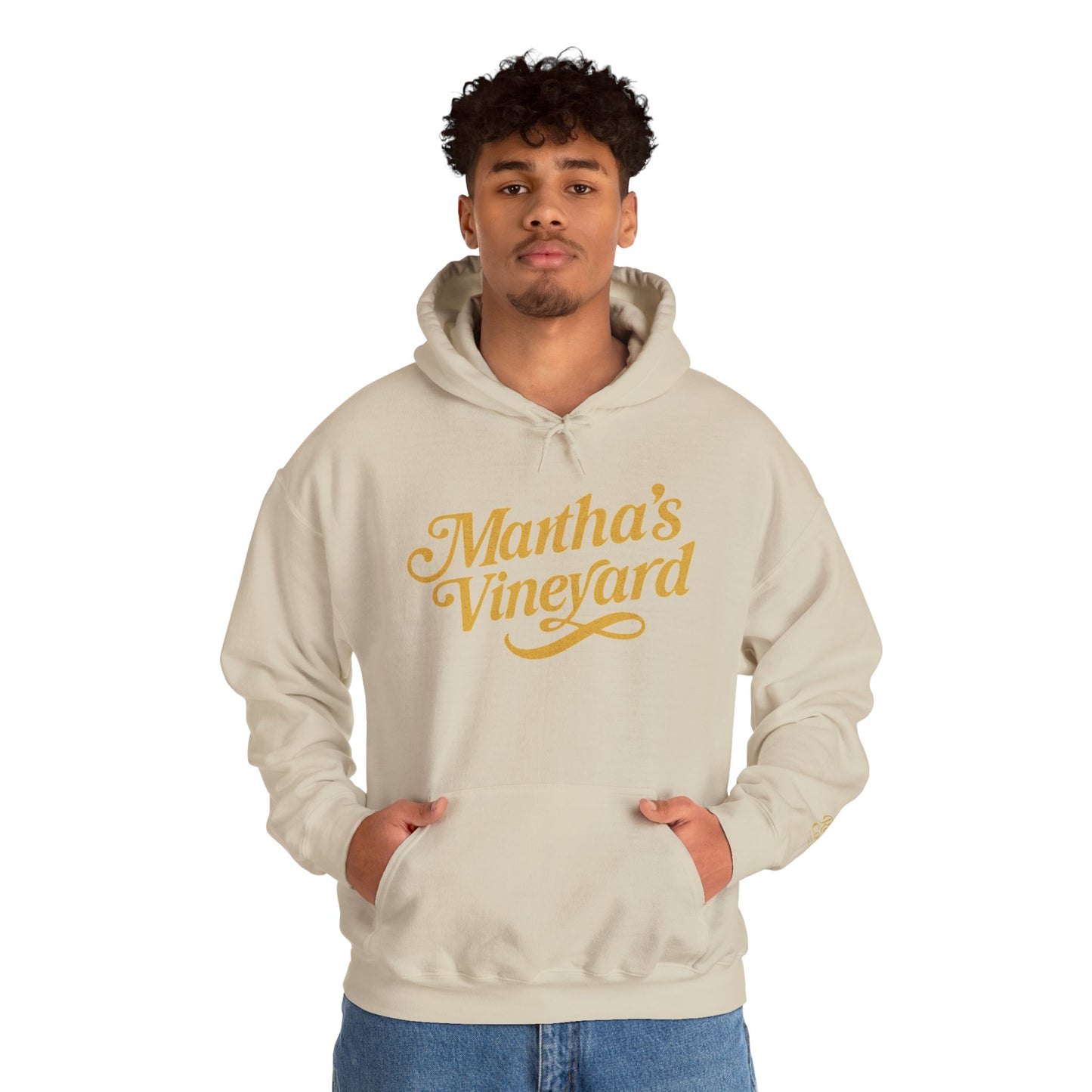 Martha’s Vineyard Hoodie – Unisex Heavy Blend with Cursive Yellow & Black Lettering