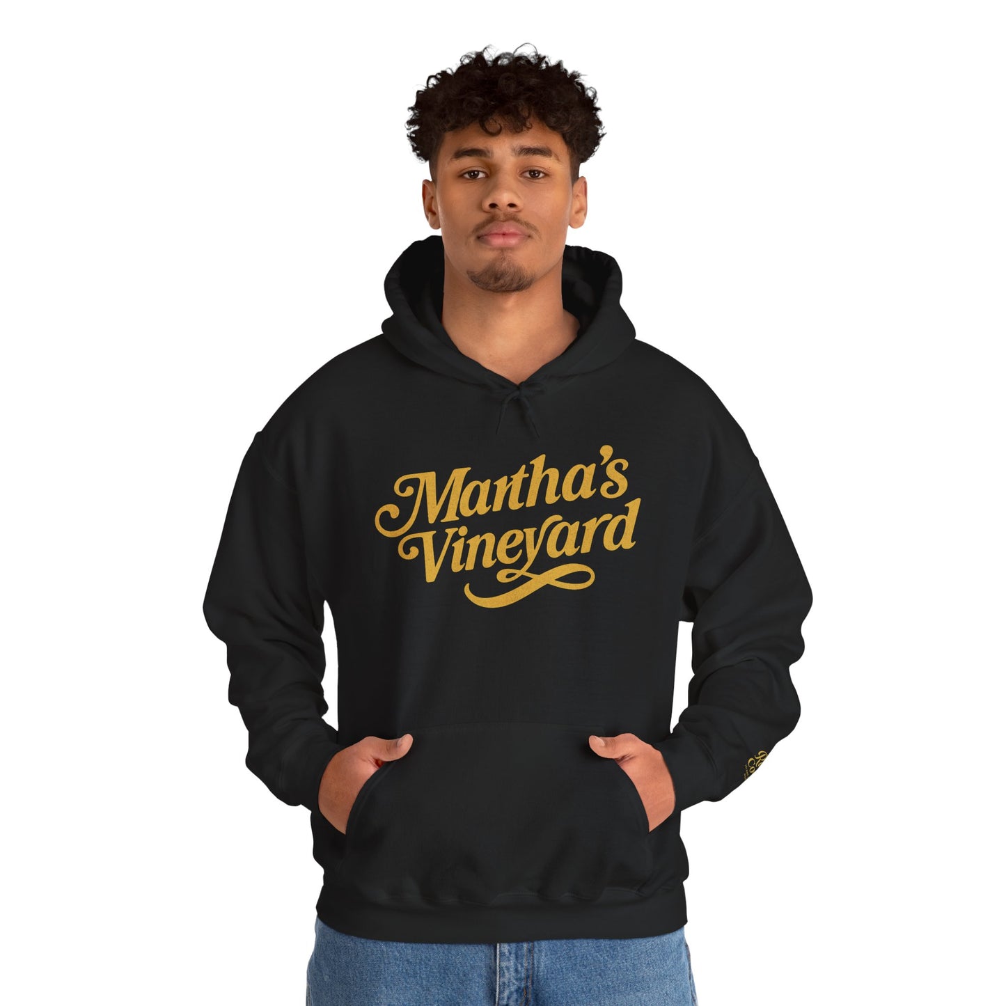 Martha’s Vineyard Hoodie – Unisex Heavy Blend with Cursive Yellow & Black Lettering