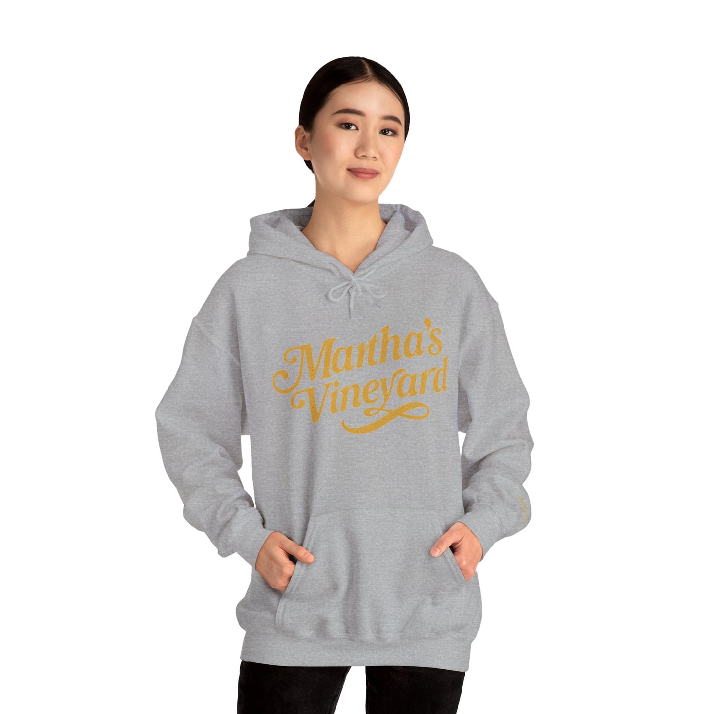 Martha’s Vineyard Hoodie – Unisex Heavy Blend with Cursive Yellow & Black Lettering