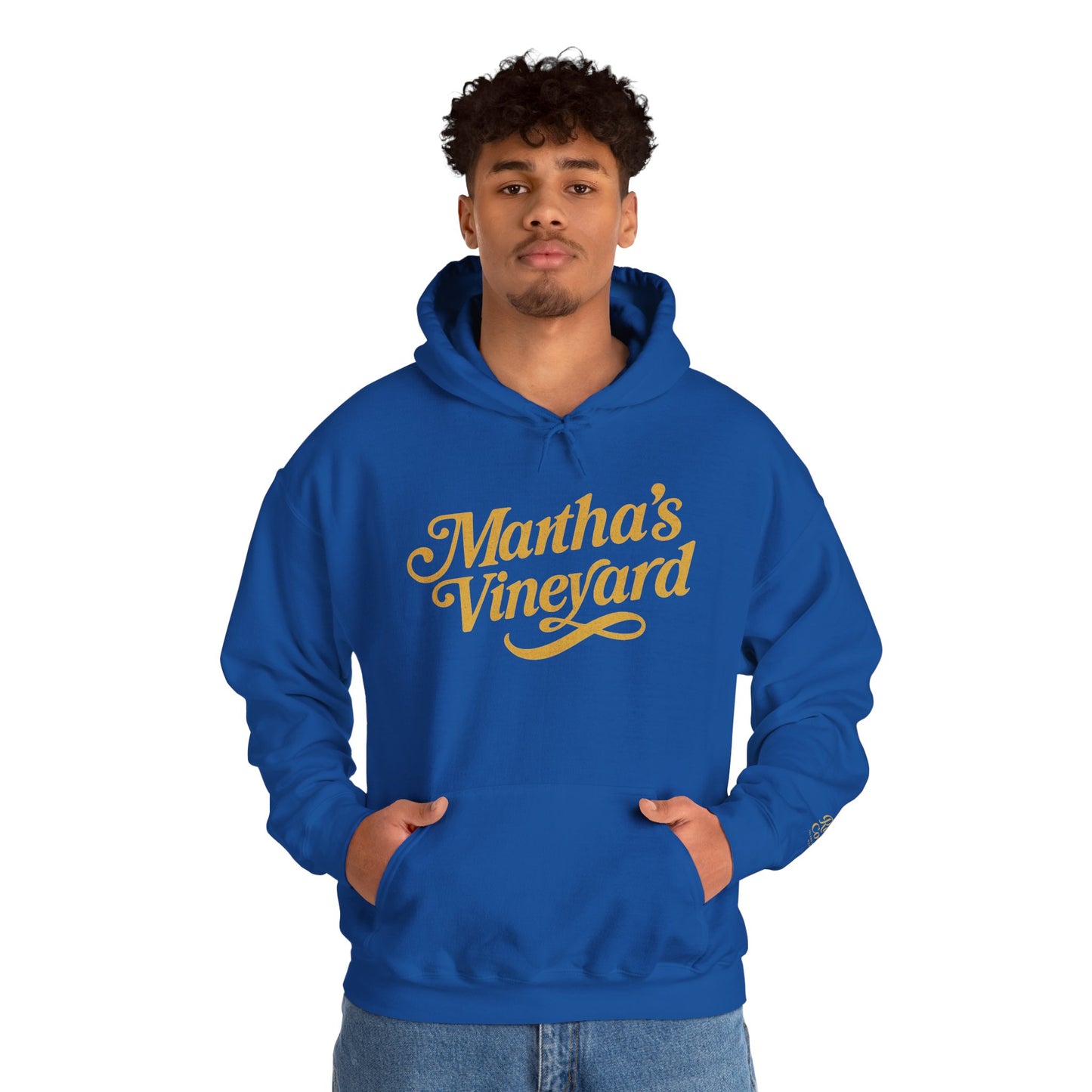 Martha’s Vineyard Hoodie – Unisex Heavy Blend with Cursive Yellow & Black Lettering
