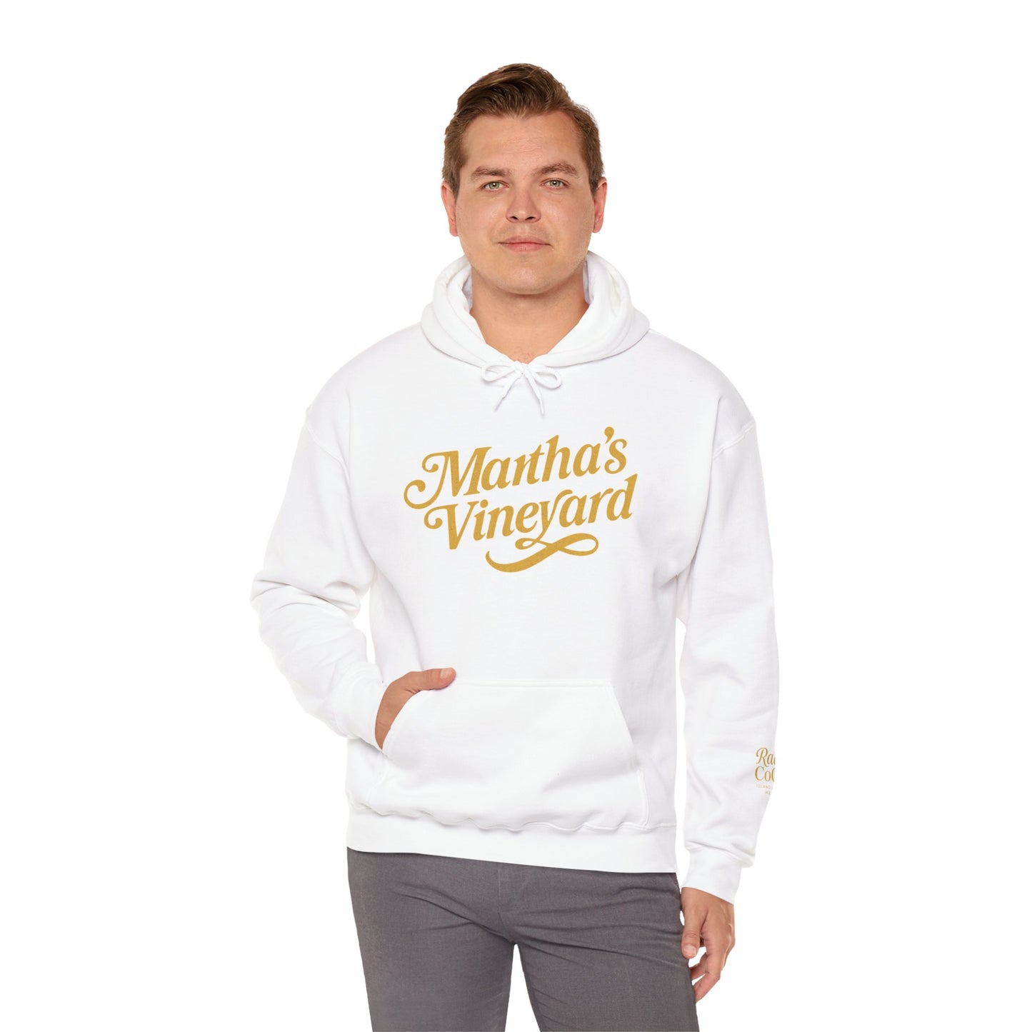 Martha’s Vineyard Hoodie – Unisex Heavy Blend with Cursive Yellow & Black Lettering