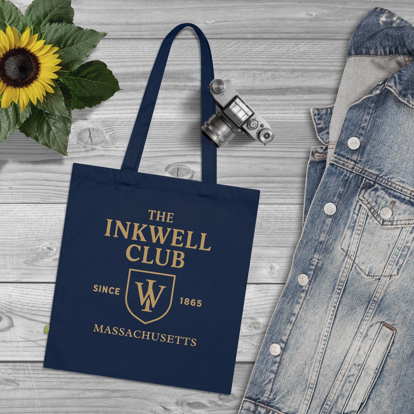 Organic Tote Bag - Inkwell Club Crest Design, Eco-Friendly Long Handle Drop