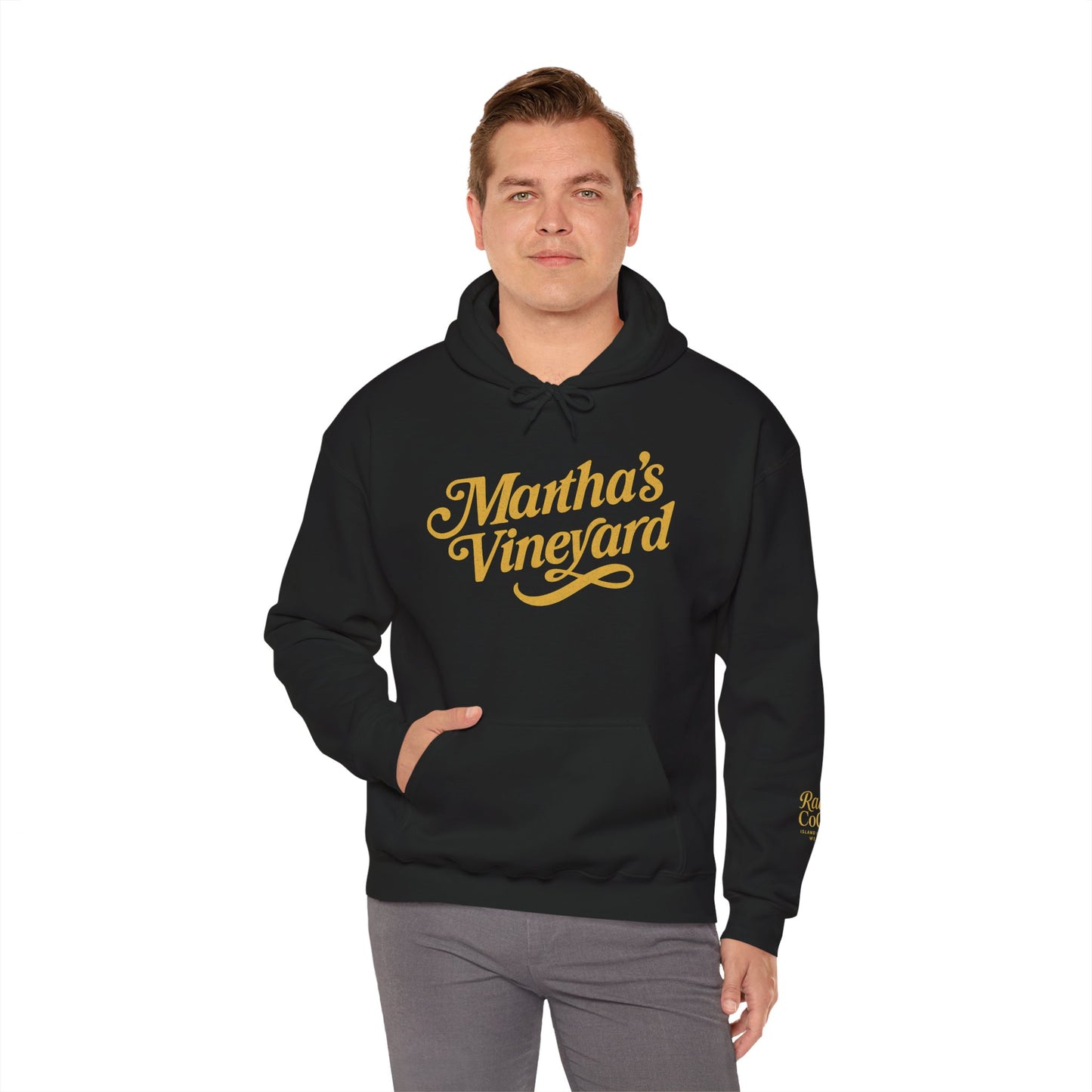 Martha’s Vineyard Hoodie – Unisex Heavy Blend with Cursive Yellow & Black Lettering