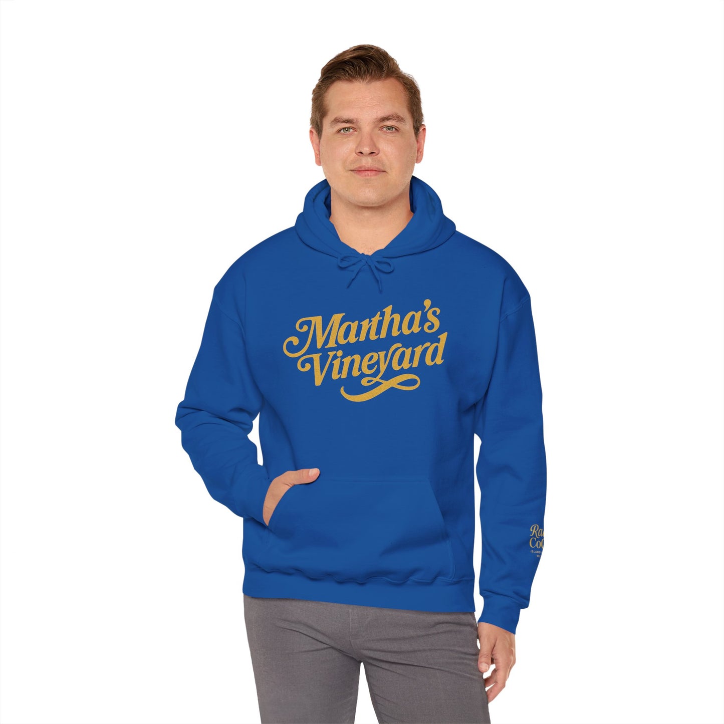 Martha’s Vineyard Hoodie – Unisex Heavy Blend with Cursive Yellow & Black Lettering