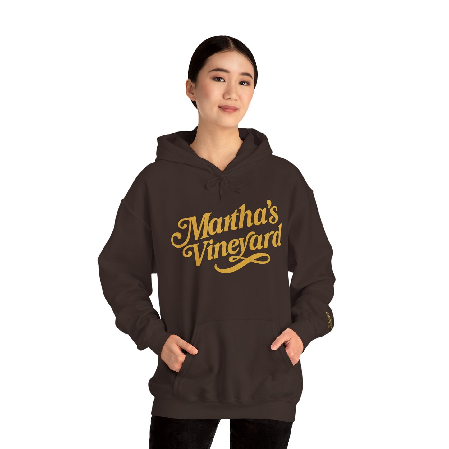 Martha’s Vineyard Hoodie – Unisex Heavy Blend with Cursive Yellow & Black Lettering