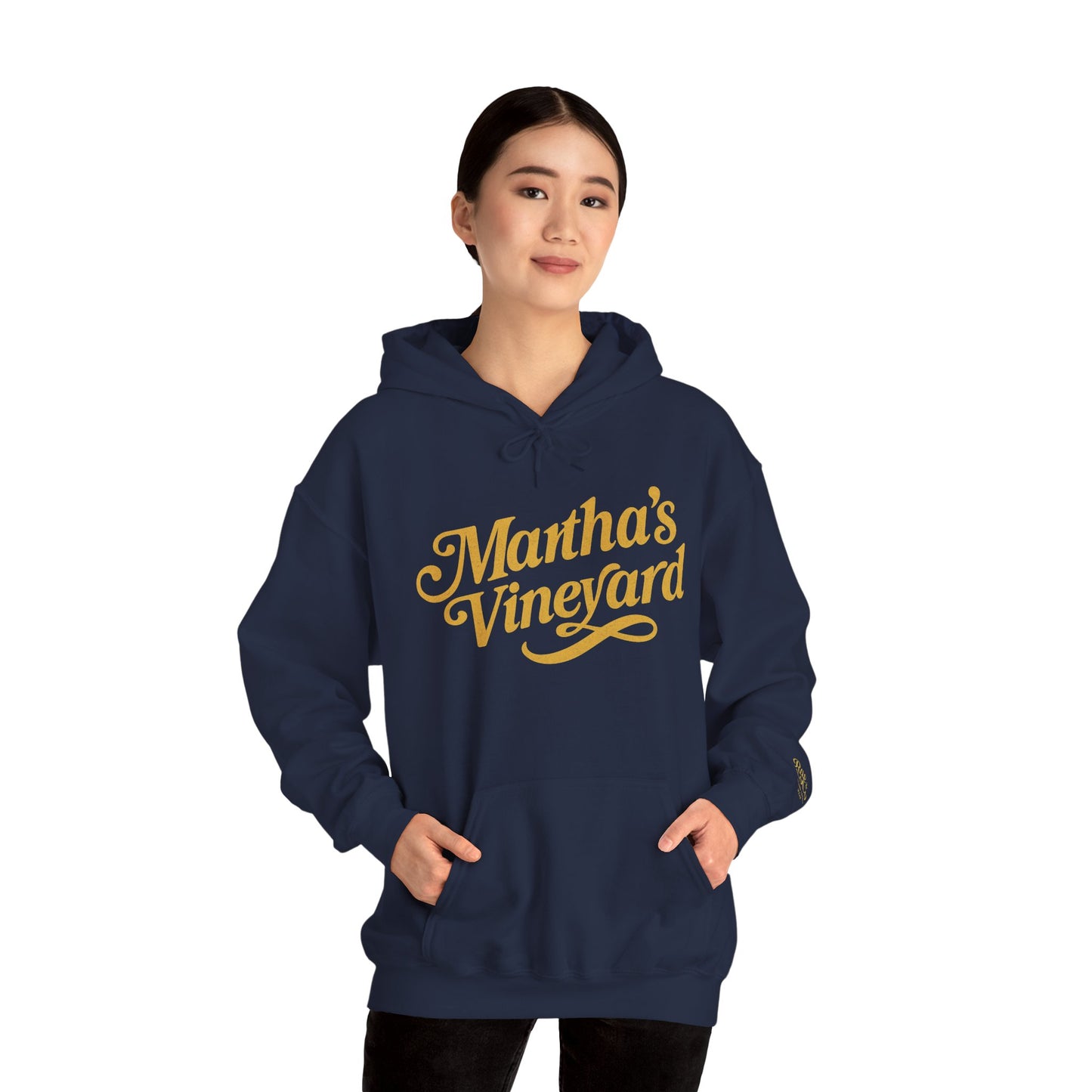 Martha’s Vineyard Hoodie – Unisex Heavy Blend with Cursive Yellow & Black Lettering