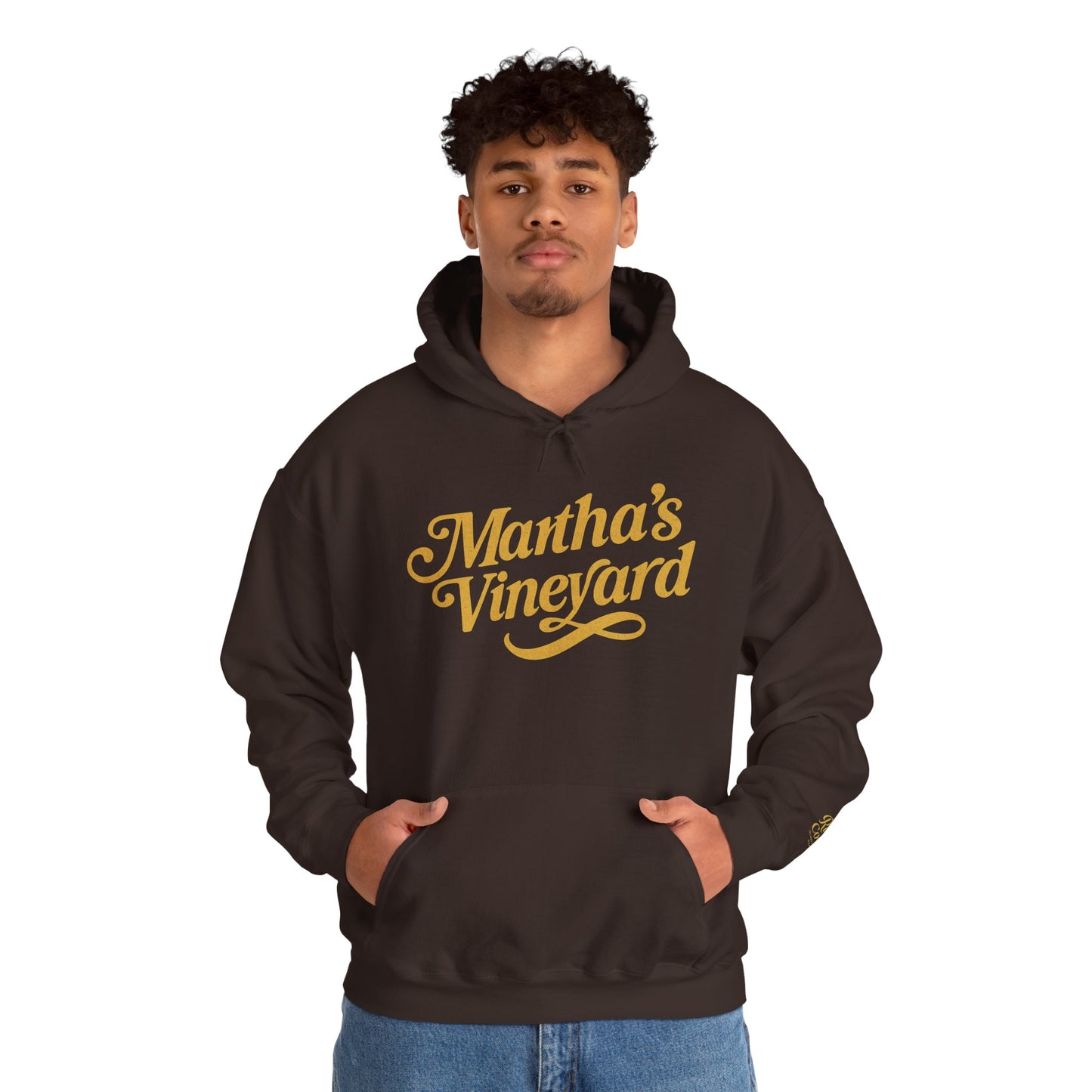 Martha’s Vineyard Hoodie – Unisex Heavy Blend with Cursive Yellow & Black Lettering