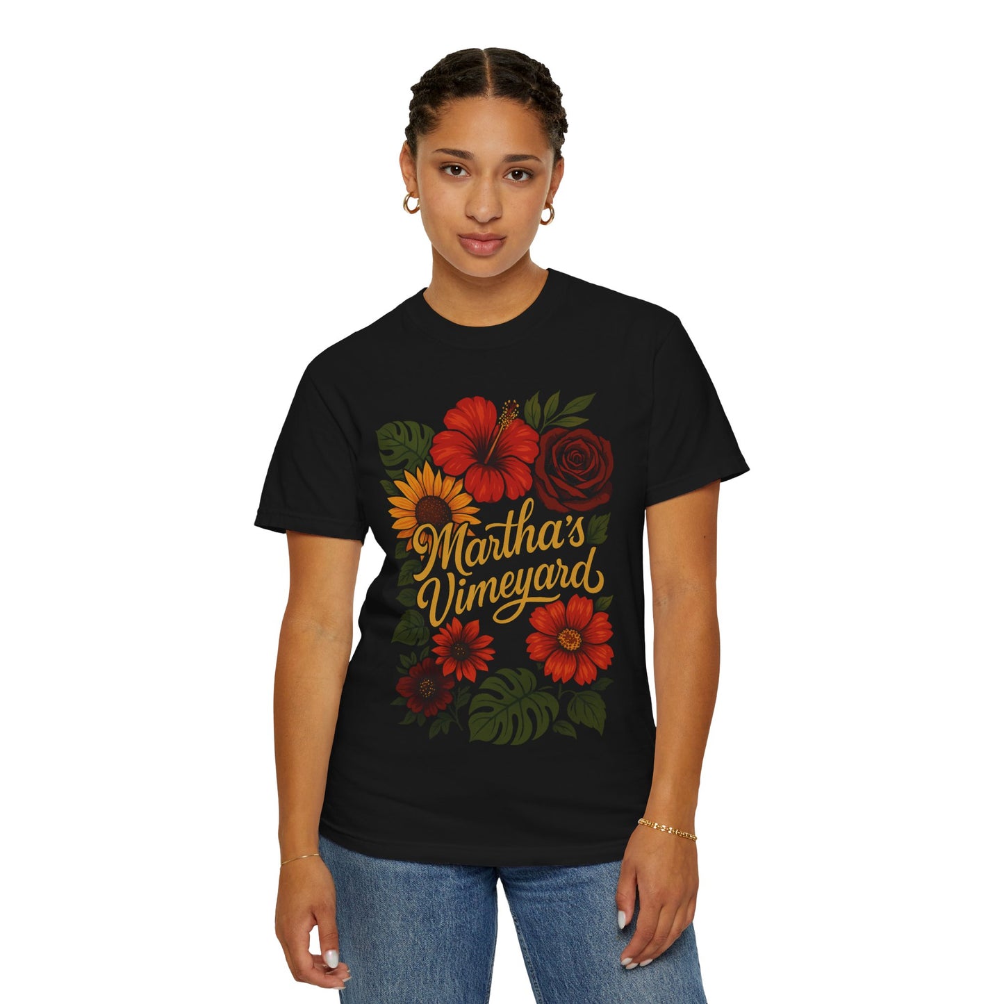 Floral Martha’s Vineyard Tee – Tropical Island Bloom Vintage Script T-Shirt