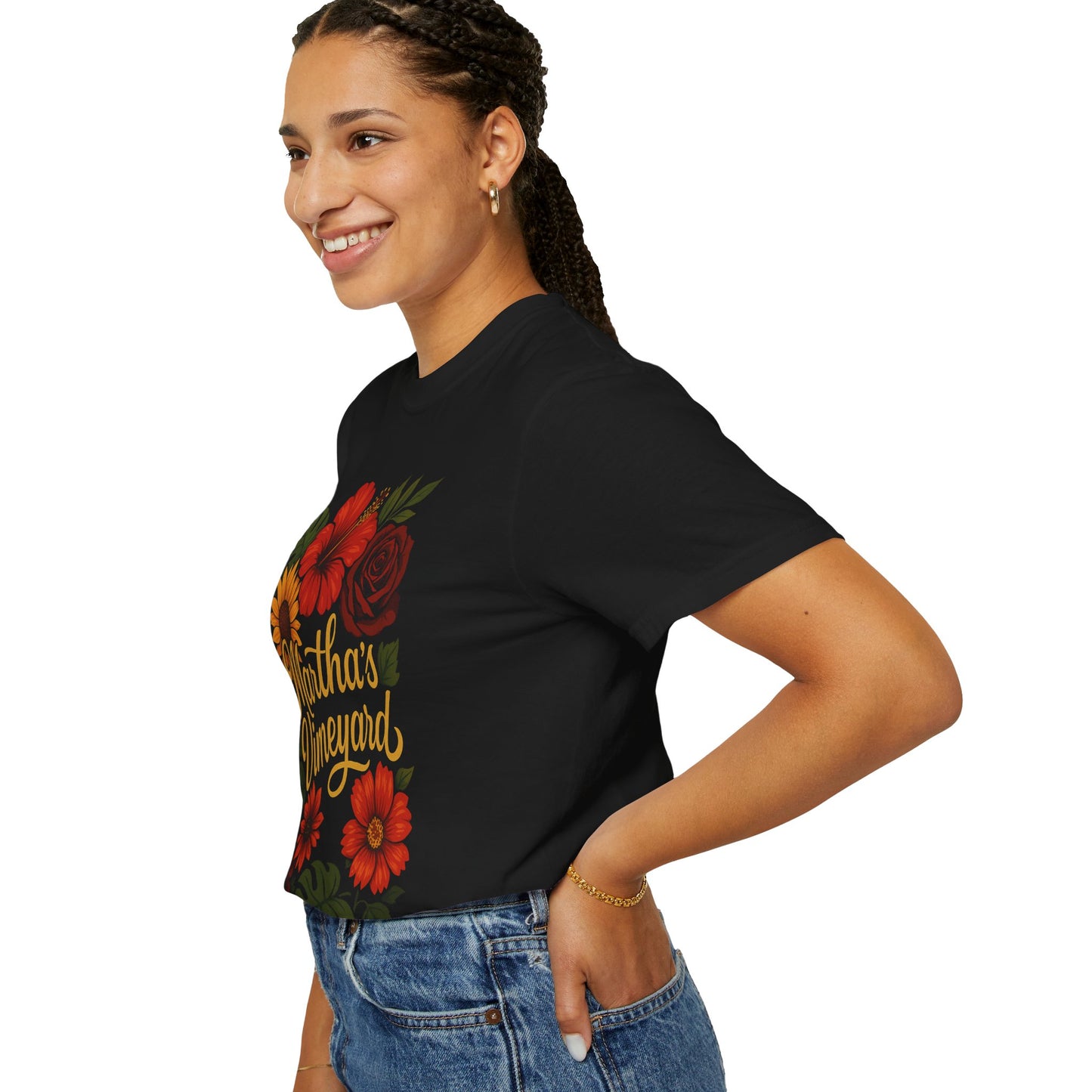 Floral Martha’s Vineyard Tee – Tropical Island Bloom Vintage Script T-Shirt