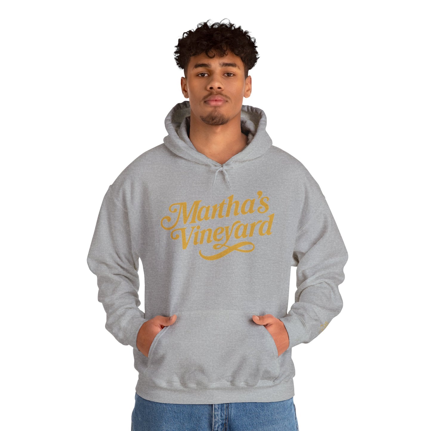 Martha’s Vineyard Hoodie – Unisex Heavy Blend with Cursive Yellow & Black Lettering