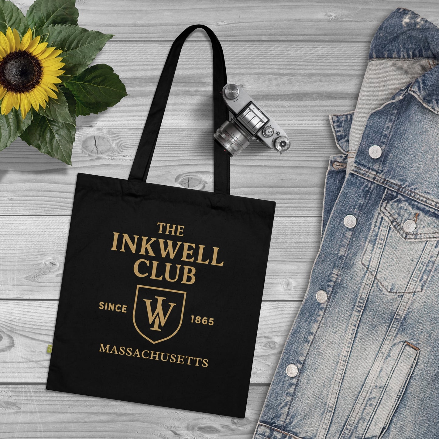 Organic Tote Bag - Inkwell Club Crest Design, Eco-Friendly Long Handle Drop