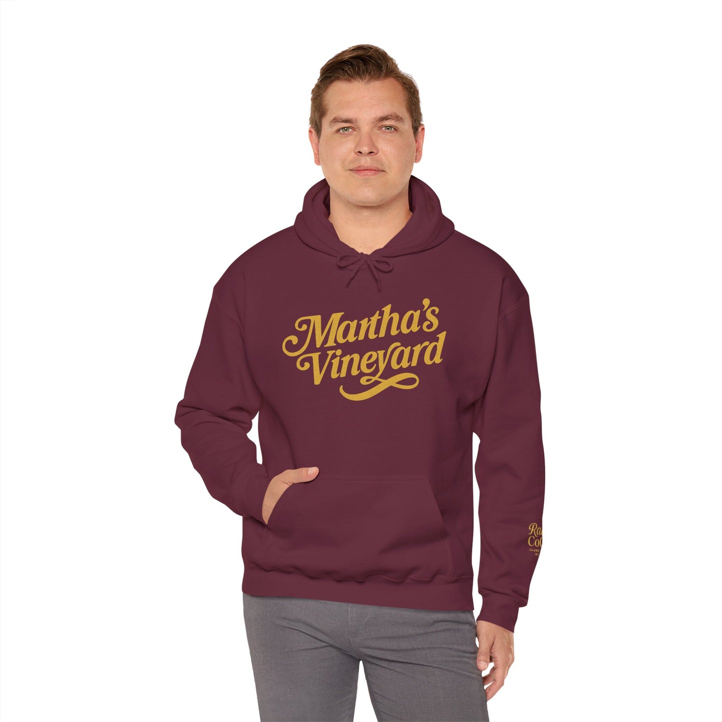 Martha’s Vineyard Hoodie – Unisex Heavy Blend with Cursive Yellow & Black Lettering