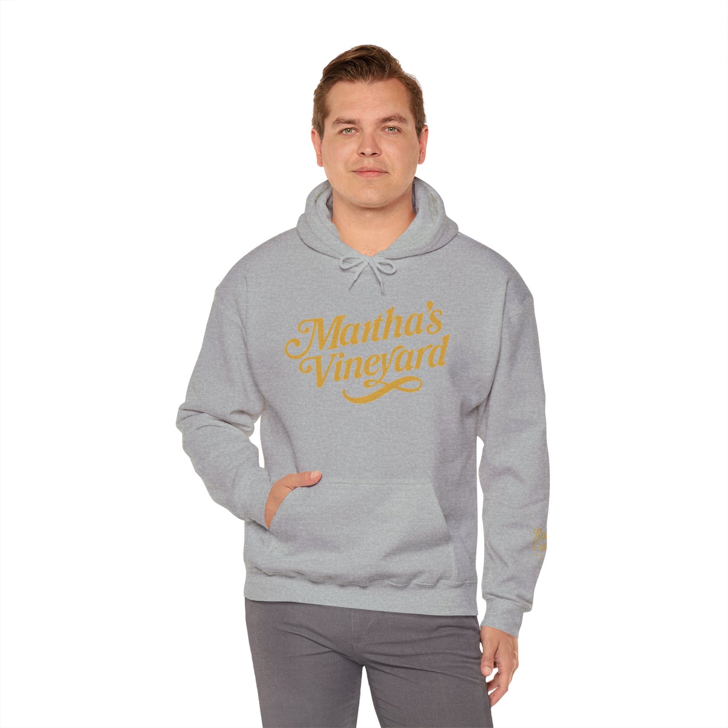 Martha’s Vineyard Hoodie – Unisex Heavy Blend with Cursive Yellow & Black Lettering