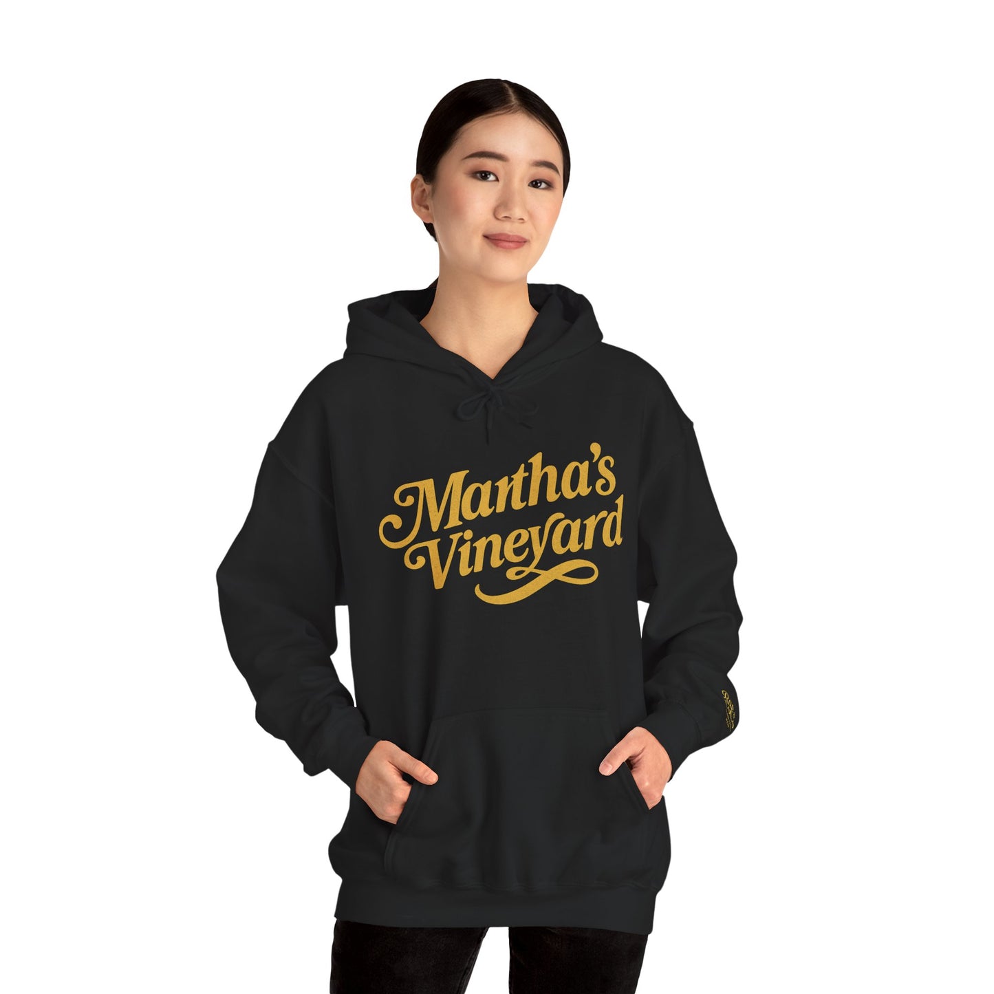 Martha’s Vineyard Hoodie – Unisex Heavy Blend with Cursive Yellow & Black Lettering