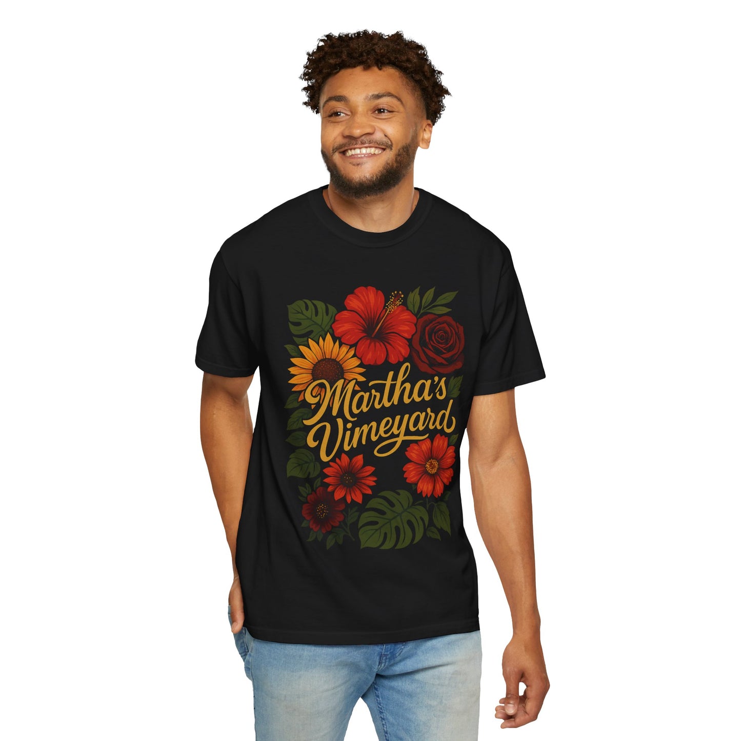 Floral Martha’s Vineyard Tee – Tropical Island Bloom Vintage Script T-Shirt