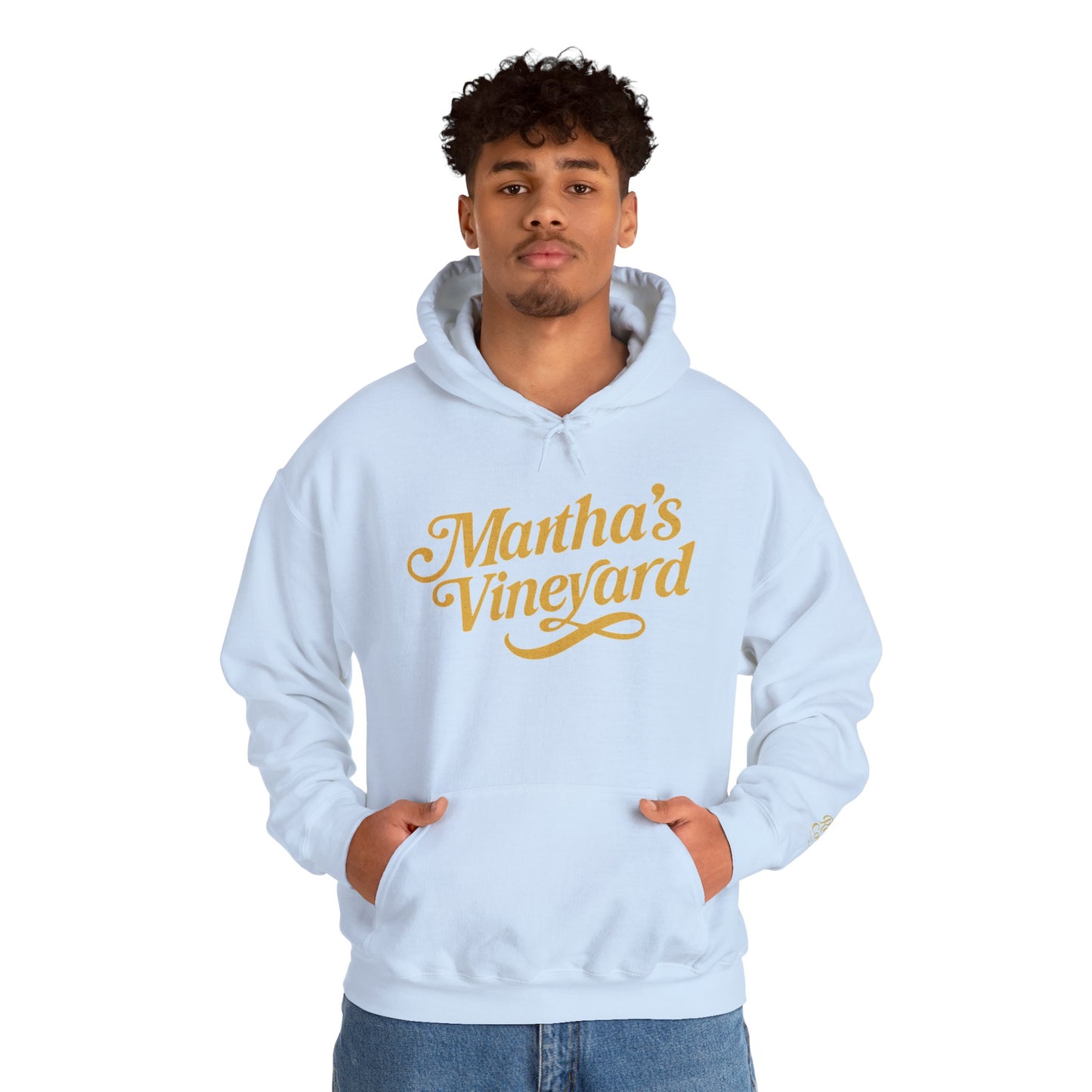 Martha’s Vineyard Hoodie – Unisex Heavy Blend with Cursive Yellow & Black Lettering