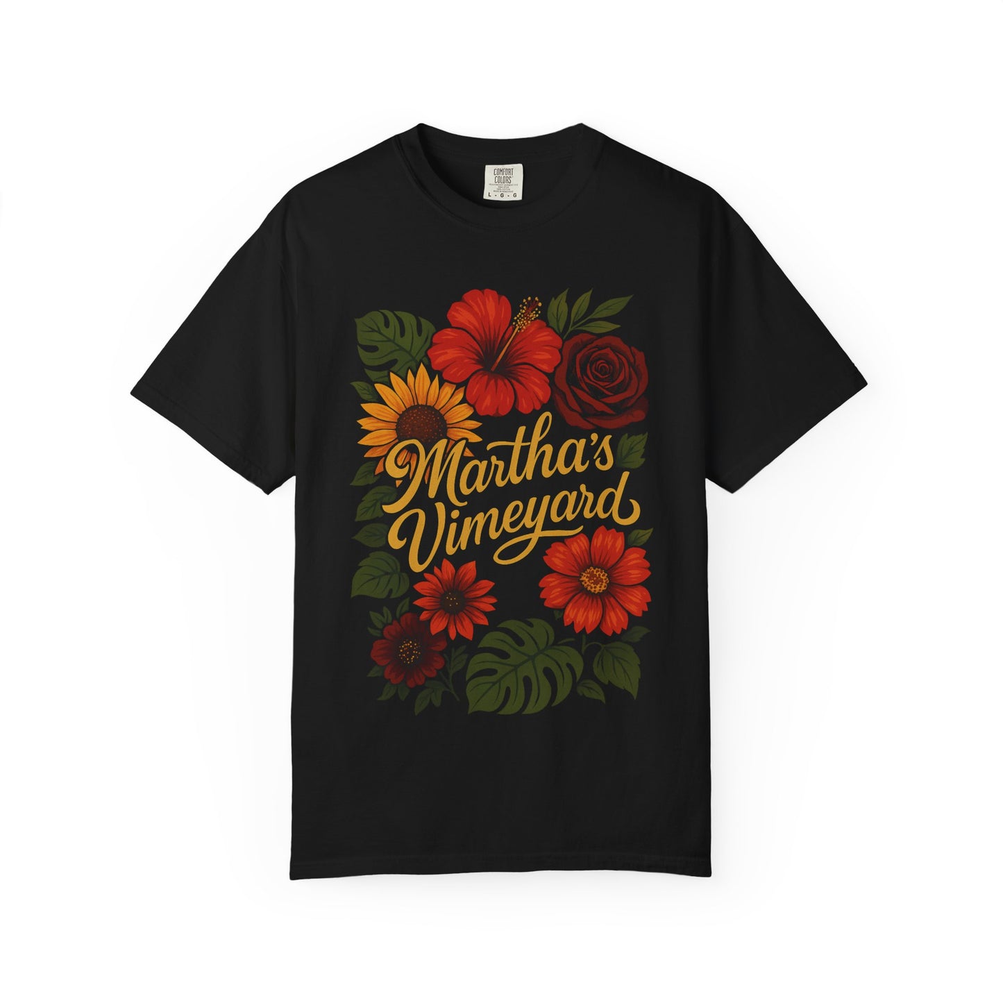 Floral Martha’s Vineyard Tee – Tropical Island Bloom Vintage Script T-Shirt