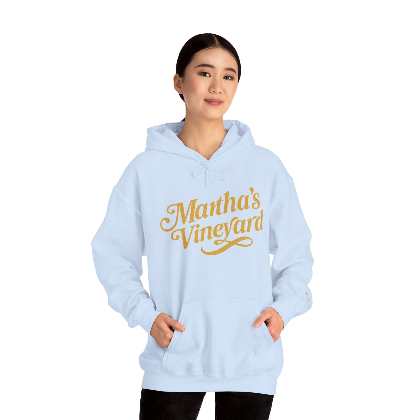Martha’s Vineyard Hoodie – Unisex Heavy Blend with Cursive Yellow & Black Lettering
