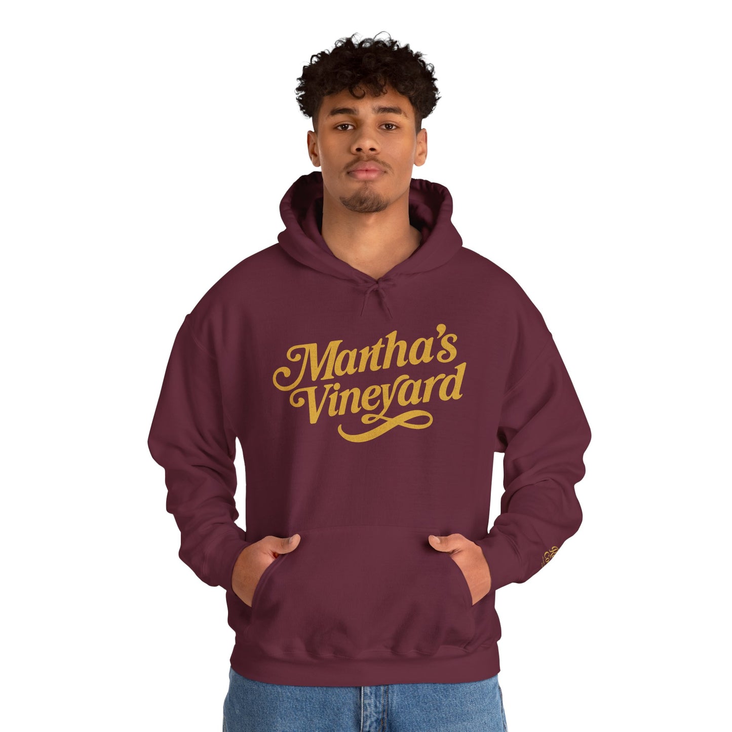 Martha’s Vineyard Hoodie – Unisex Heavy Blend with Cursive Yellow & Black Lettering