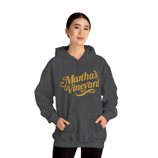 Martha’s Vineyard Hoodie – Unisex Heavy Blend with Cursive Yellow & Black Lettering