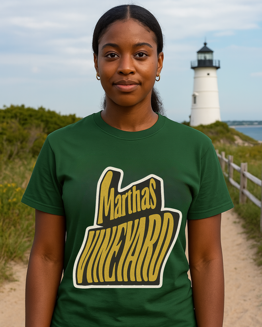 Groovy Martha’s Vineyard Tee – Retro Wavy Lettering Unisex Island Shirt