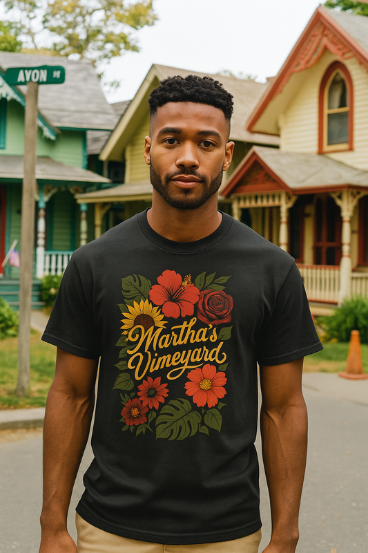 Floral Martha’s Vineyard Tee – Tropical Island Bloom Vintage Script T-Shirt