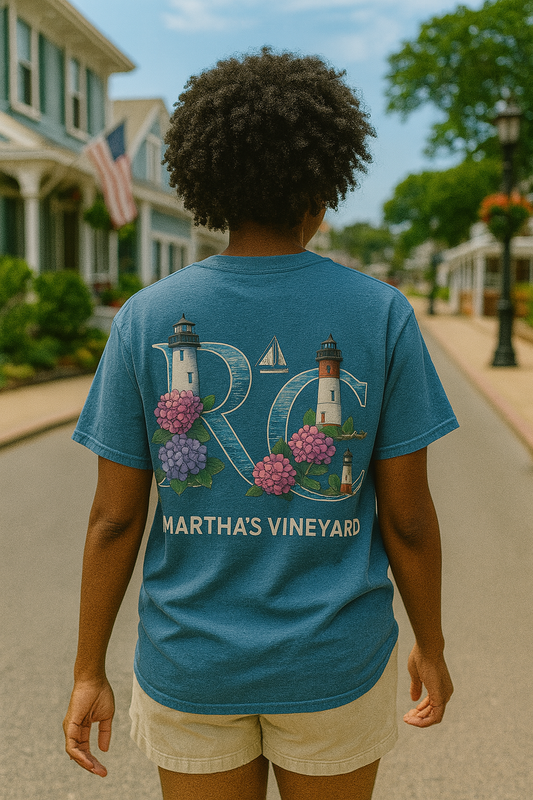 RC Martha’s Vineyard Tee – Nautical Lighthouse & Hydrangea Island Design