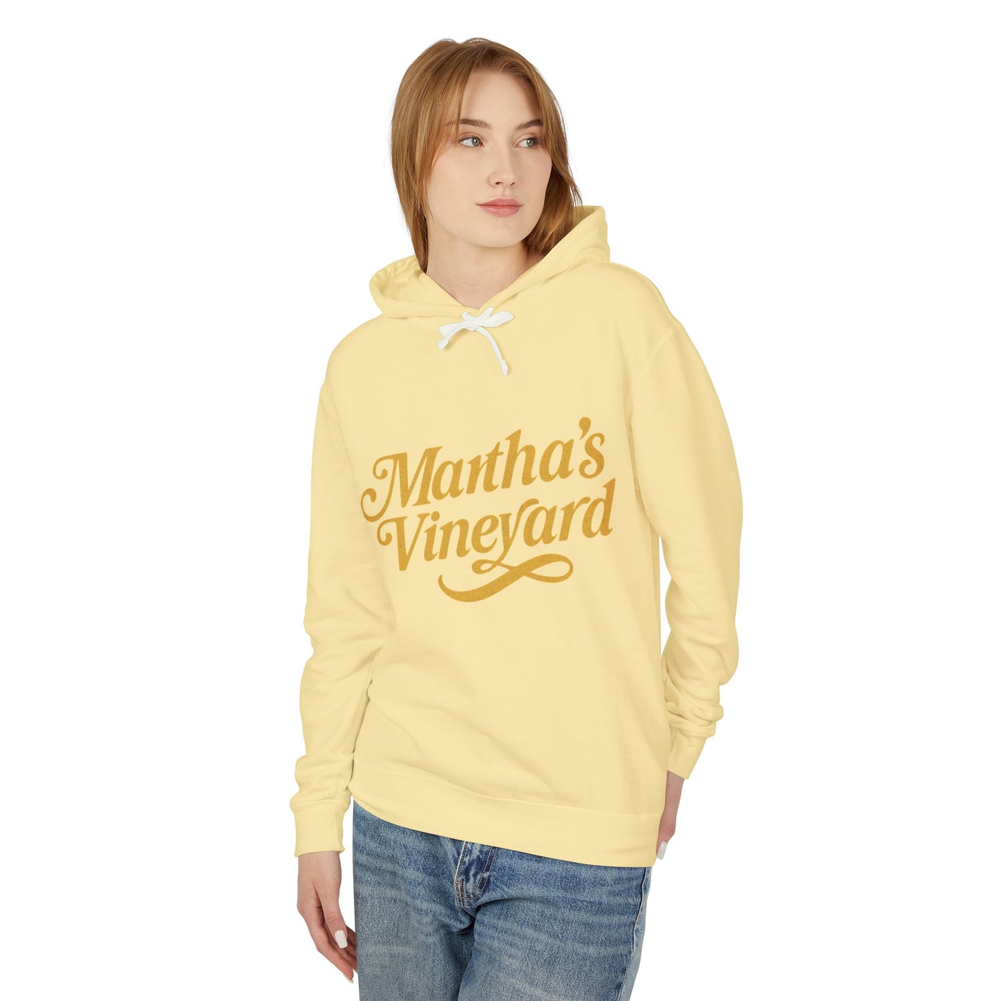 Martha’s Vineyard Hoodie – Unisex Heavy Blend with Cursive Yellow & Black Lettering